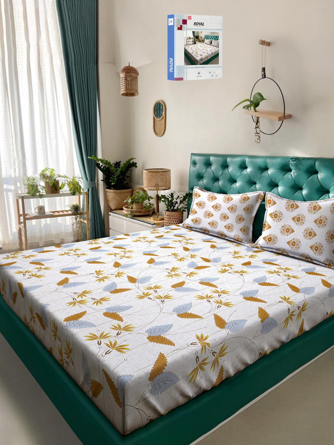 KLOTTHE Cream And Blue Floral Printed Cotton 400 TC Double Bedsheet Set 2.50 m x 2.20 m