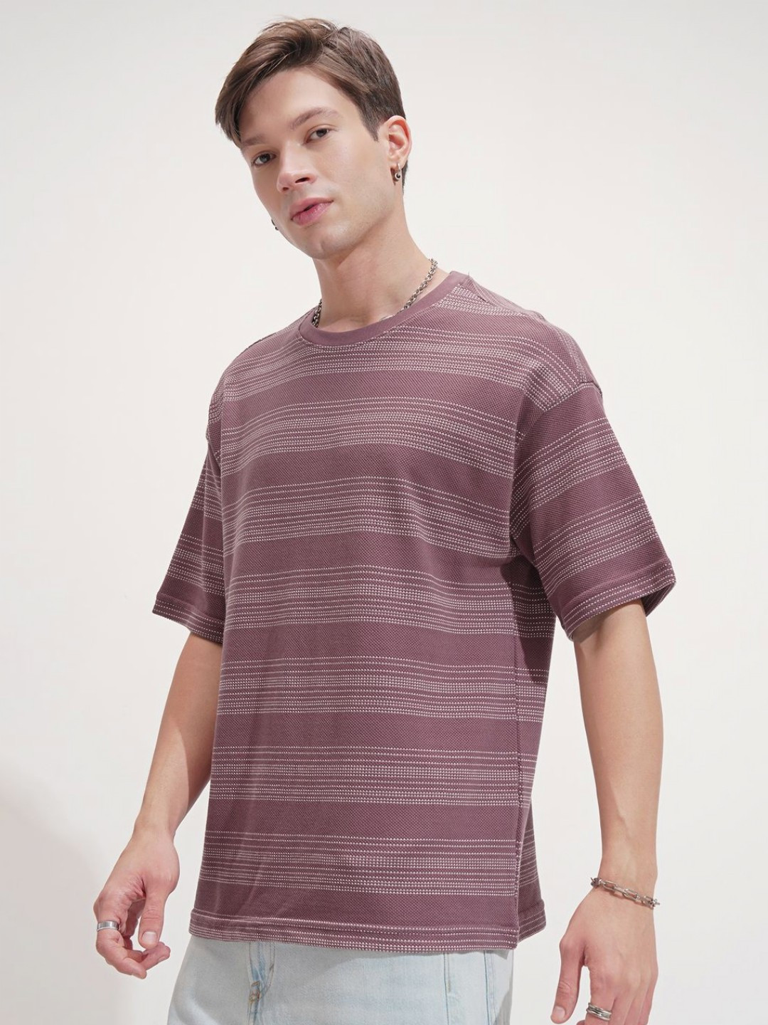 HIGHLANDER Men Striped Round Neck Cotton Oversized T-shirt