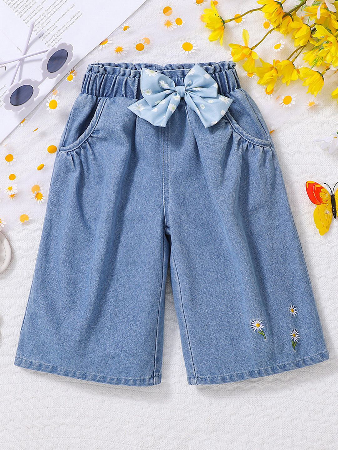 INCLUD Girls Relaxed Fit Floral Embroidered Denim Capri