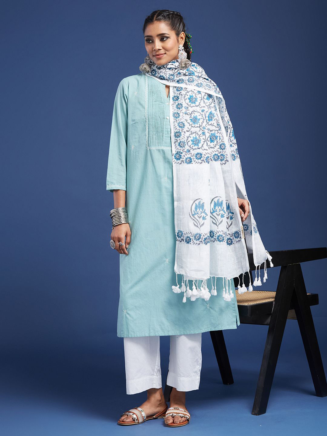 Taavi Floral Block Printed Pom Pom Edgings Linen Dupatta