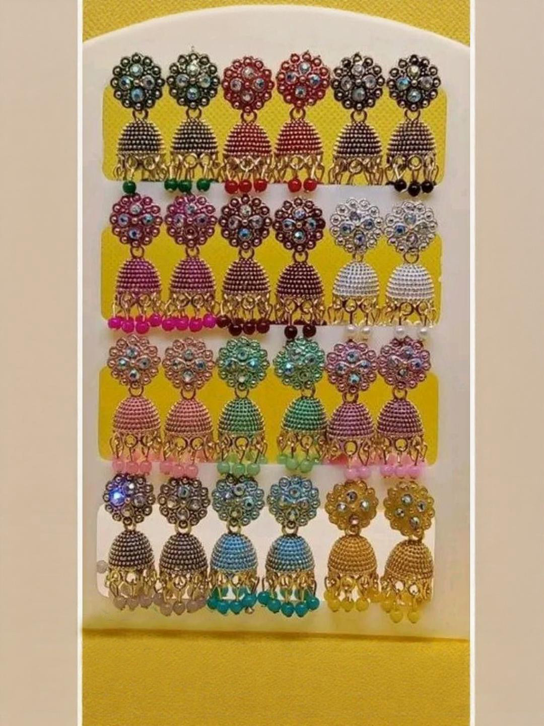 tulsi imitation Set Of 12 Artificial Stones Studded & Beaded Oxidised Dome Shaped Jhumkas