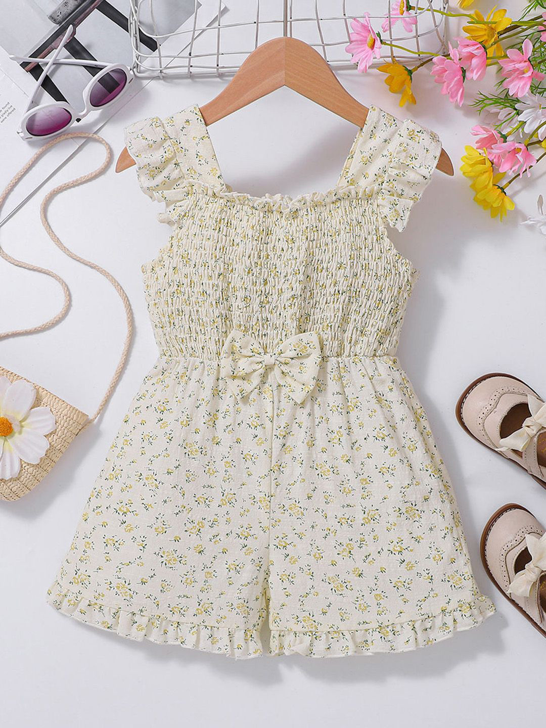 INCLUD Girls White Floral Printed Sleeveless Smocked Jumpsuit