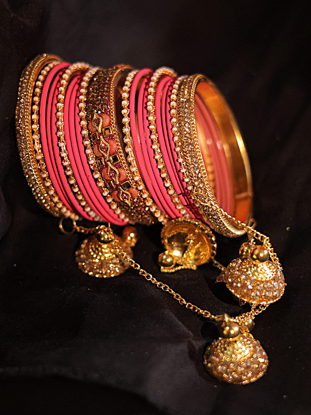 Amika 42Pcs Gold-Plated Stone-Studded & Beaded Velvet Latkan Bangles