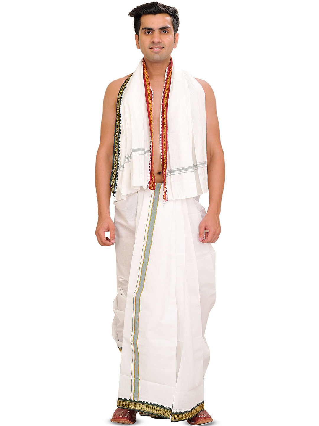Exotic India Pure Cotton Snow-White Dhoti and Angavastram Set with Woven Border