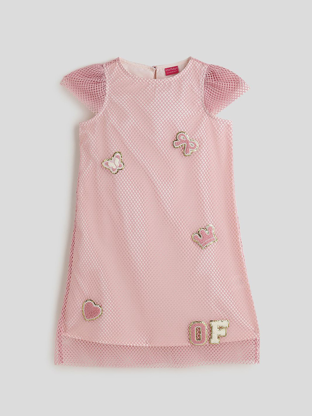 One Friday Girls Self Design Round Neck Applique Cap Sleeves A-Line Dress