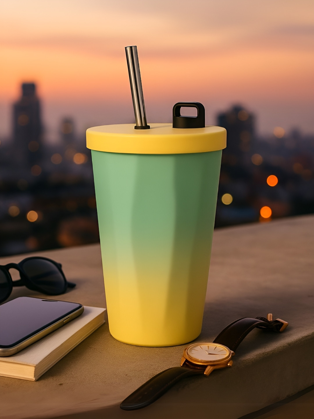 Myntra Elegant Homes Yellow & Green Stainless Steel Tumbler Mug