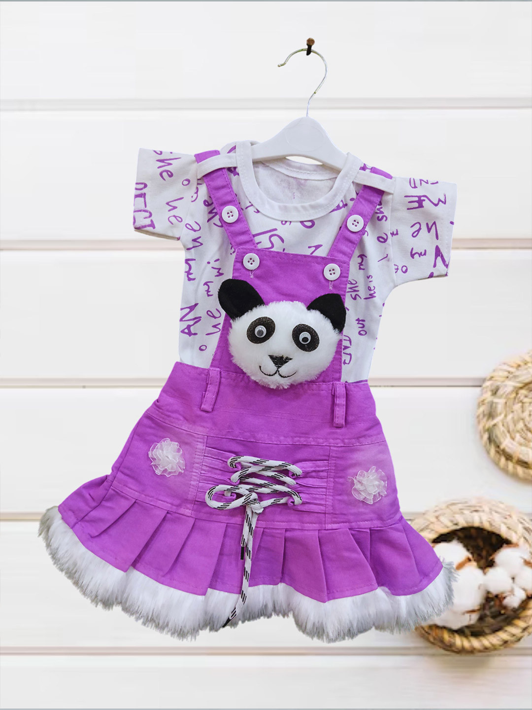 FASHION GRAB Girls Printed Panda Applique Denim Pinafore Dress