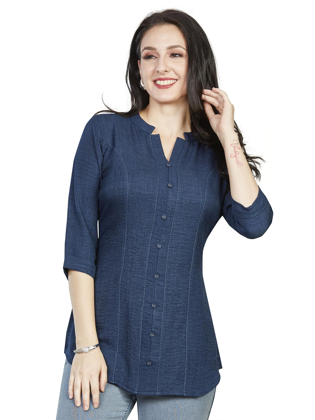 Nioni Women Mandarin Collar Kantha Stitch Tunic