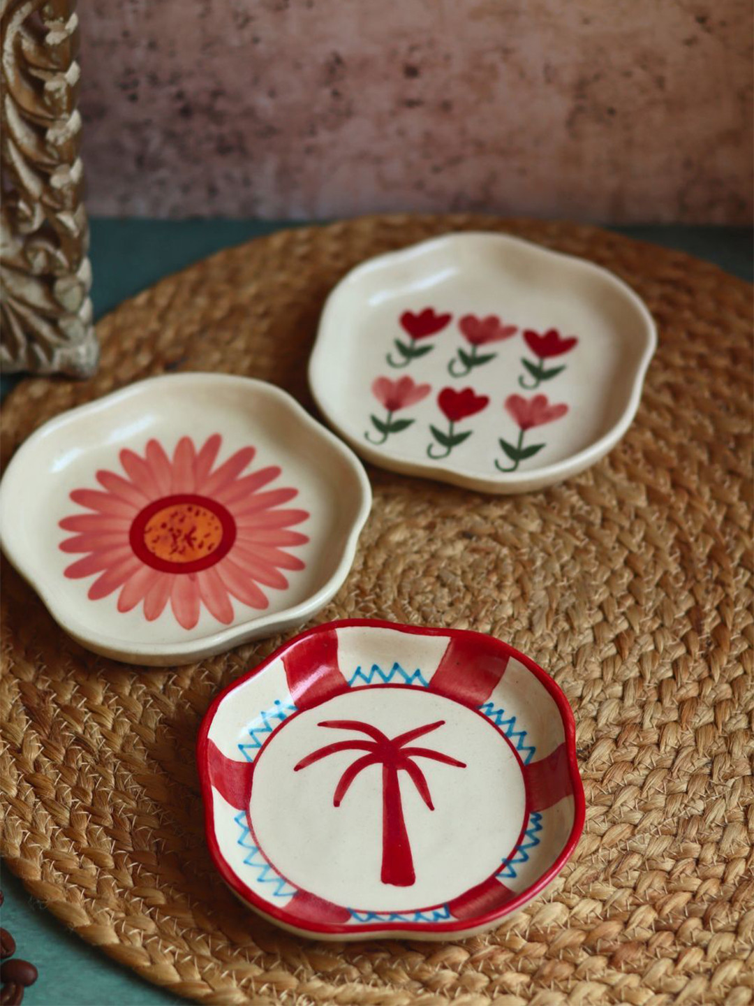 WEAVING HOMES  Garden Grace White & Pink 3 Pieces Printed Ceramic Dessert Plates