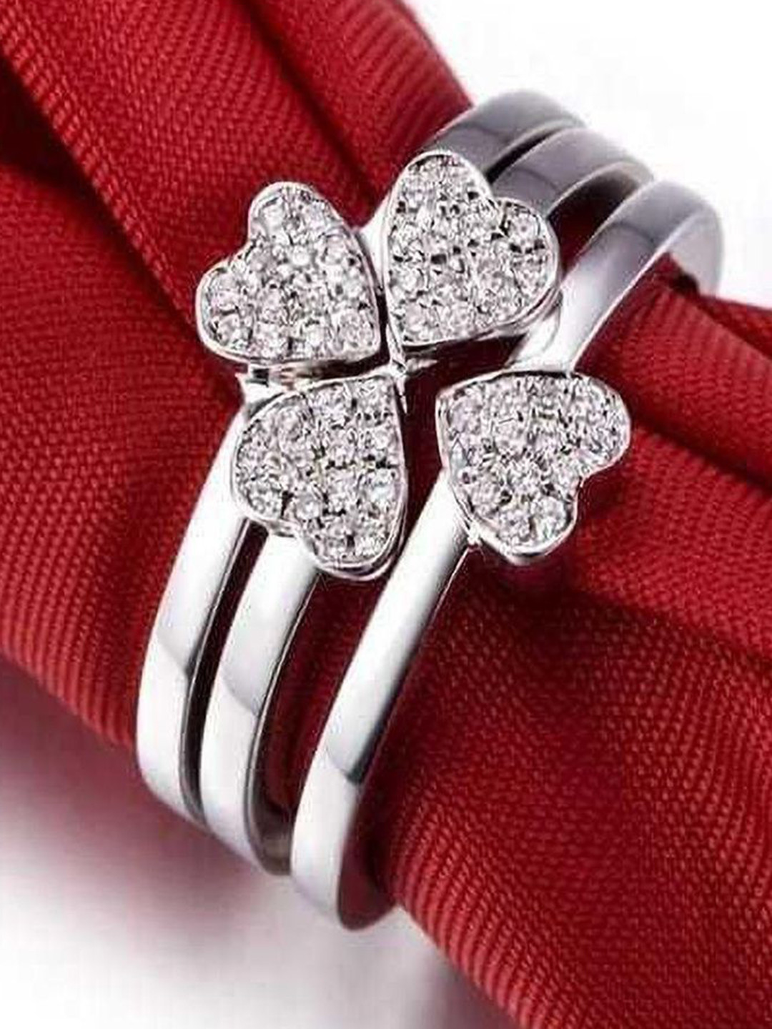 Vivity Set Of 3 Silver Plated Cubic Zirconia Studded Four Hearts Adjustable Finger Rings