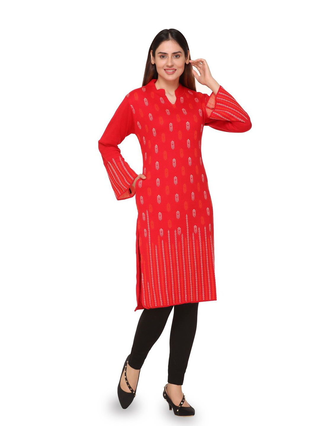 WOOL 4U Geometric Woven Design Thread Work Woollen Kurta