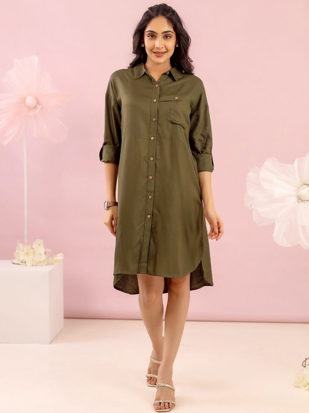 MISRI Women Roll- Up Sleeves Shirt Dress