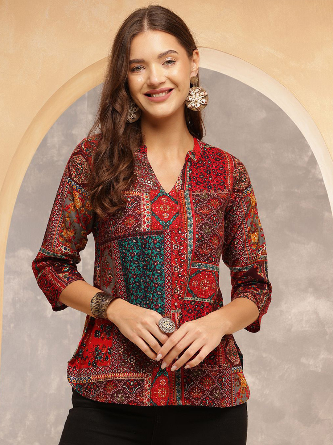 Anouk Rustic Women Floral Printed Mandarin Collar Top