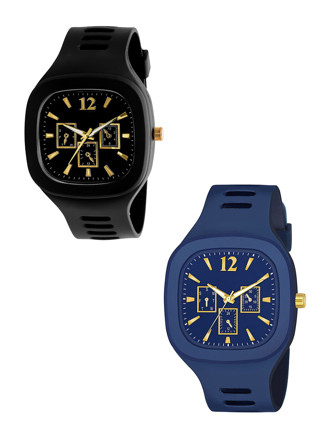 SWADESI STUFF Unisex Pack Of 2 Dial & Straps Analogue Watch 131 BLACK BLUE 90