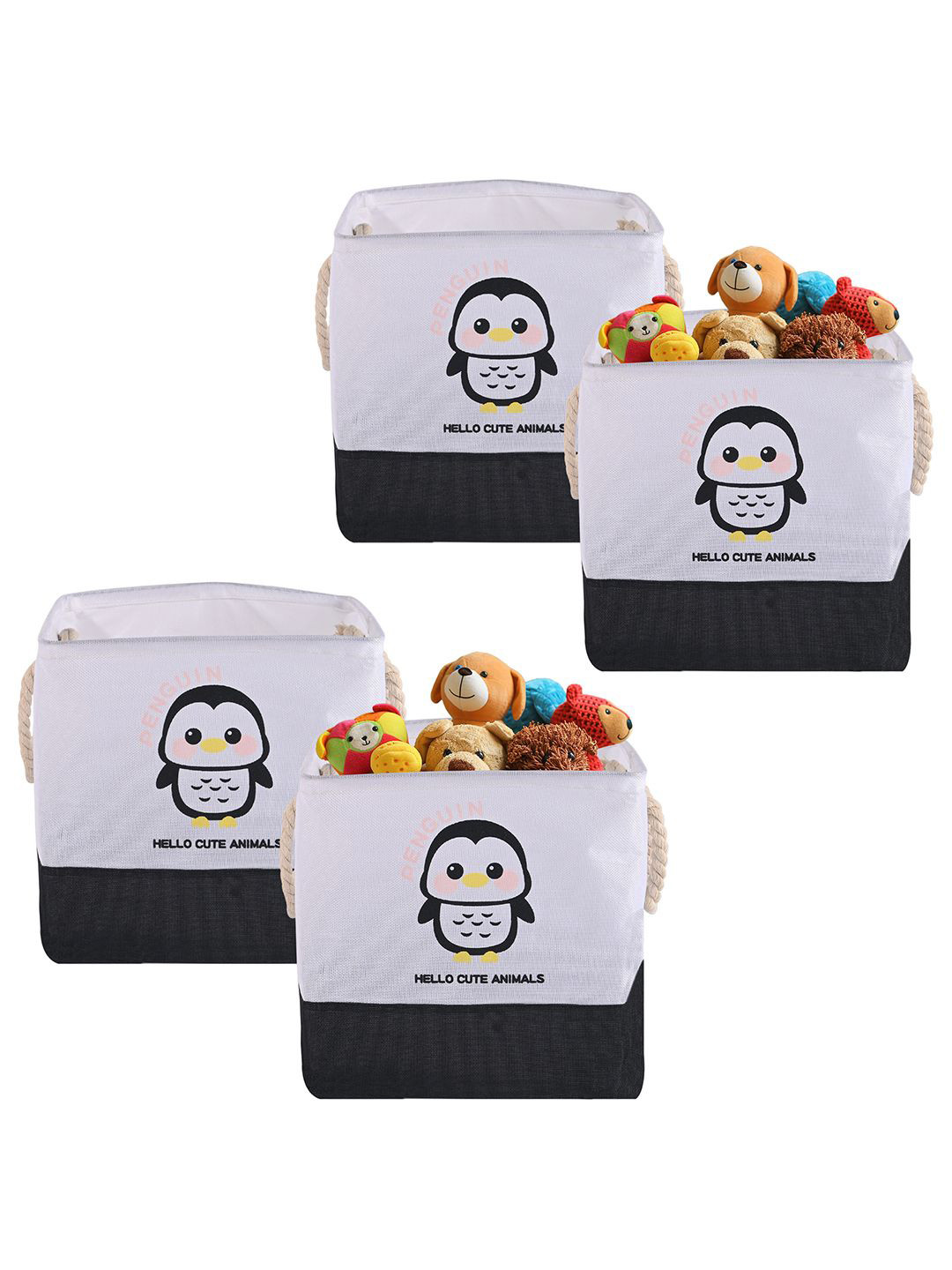 Aura 4Pc Black & White Penguin Printed Cotton Linen Storage Basket With Handle