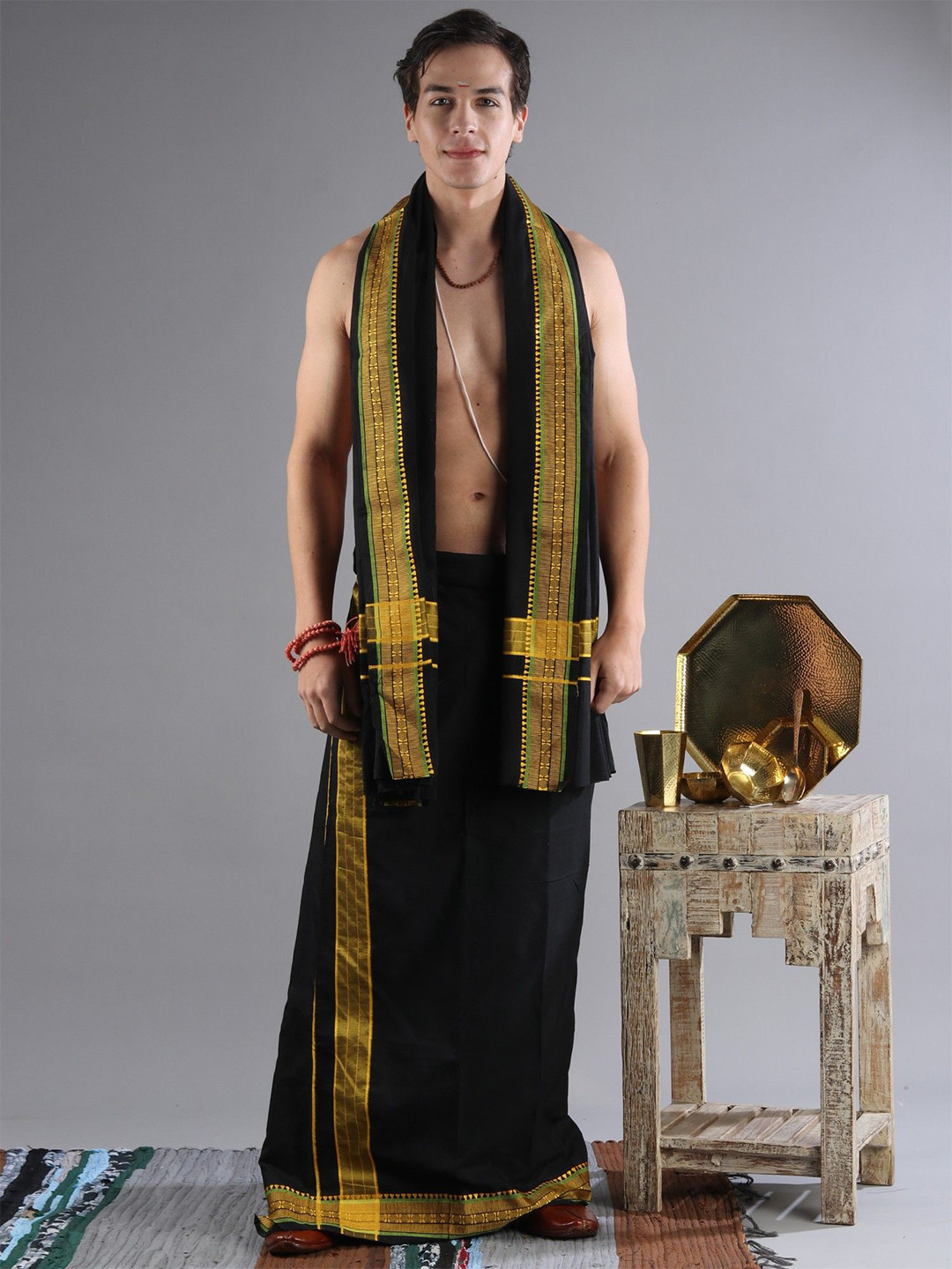 Exotic India Set Pure Cotton Drape Style With Hexagon Combination Pattern Woven Border