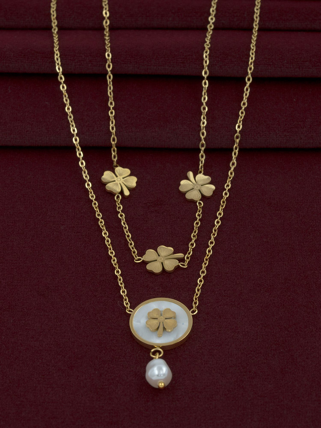 ARTKLIM Gold-Plated Stainless Steel Pearls Beaded Floral Pendant Double Layered Chain