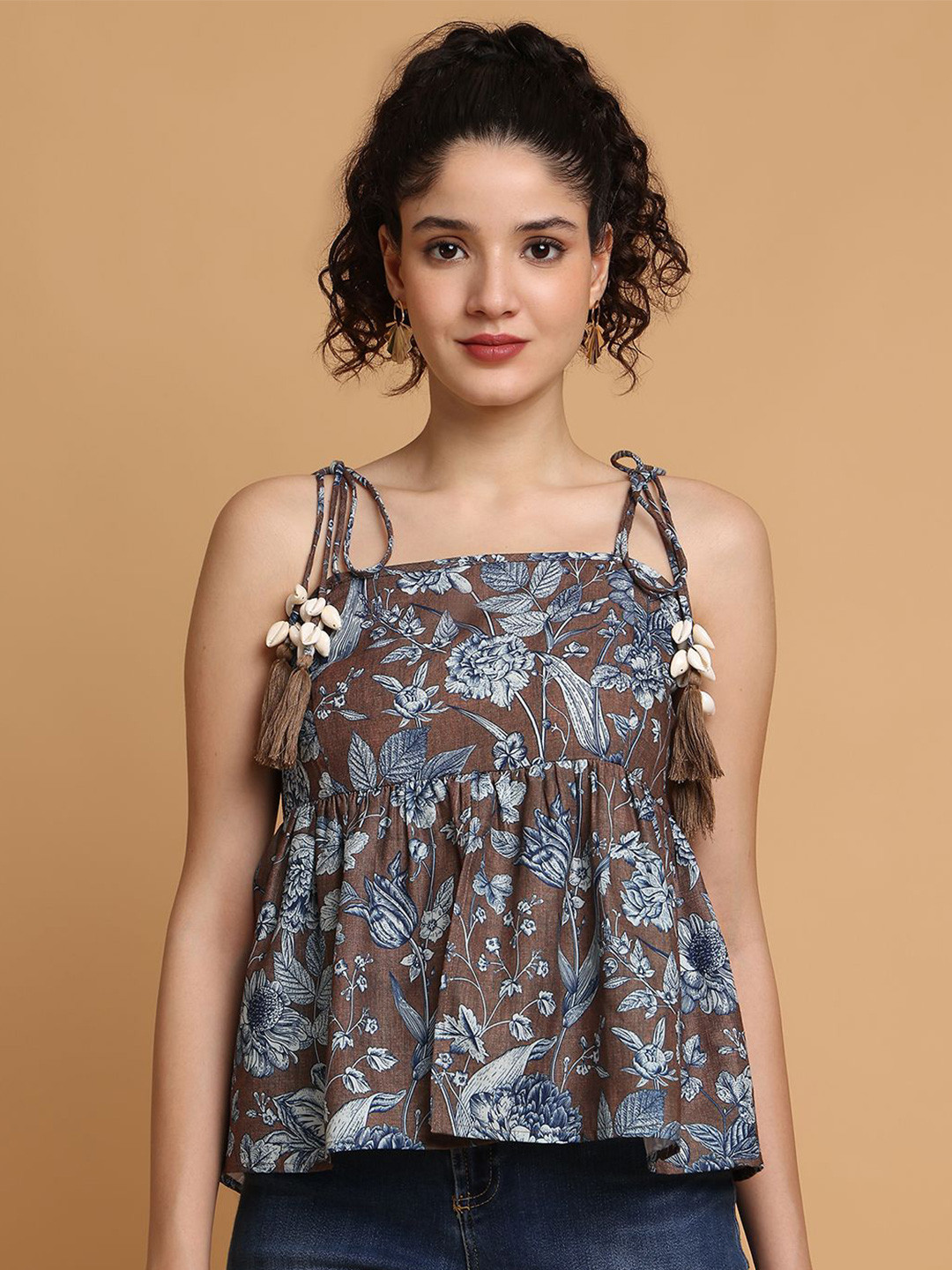 BLANC9 Women Floral Printed Tie-Ups Shoulder Straps Peplum Top