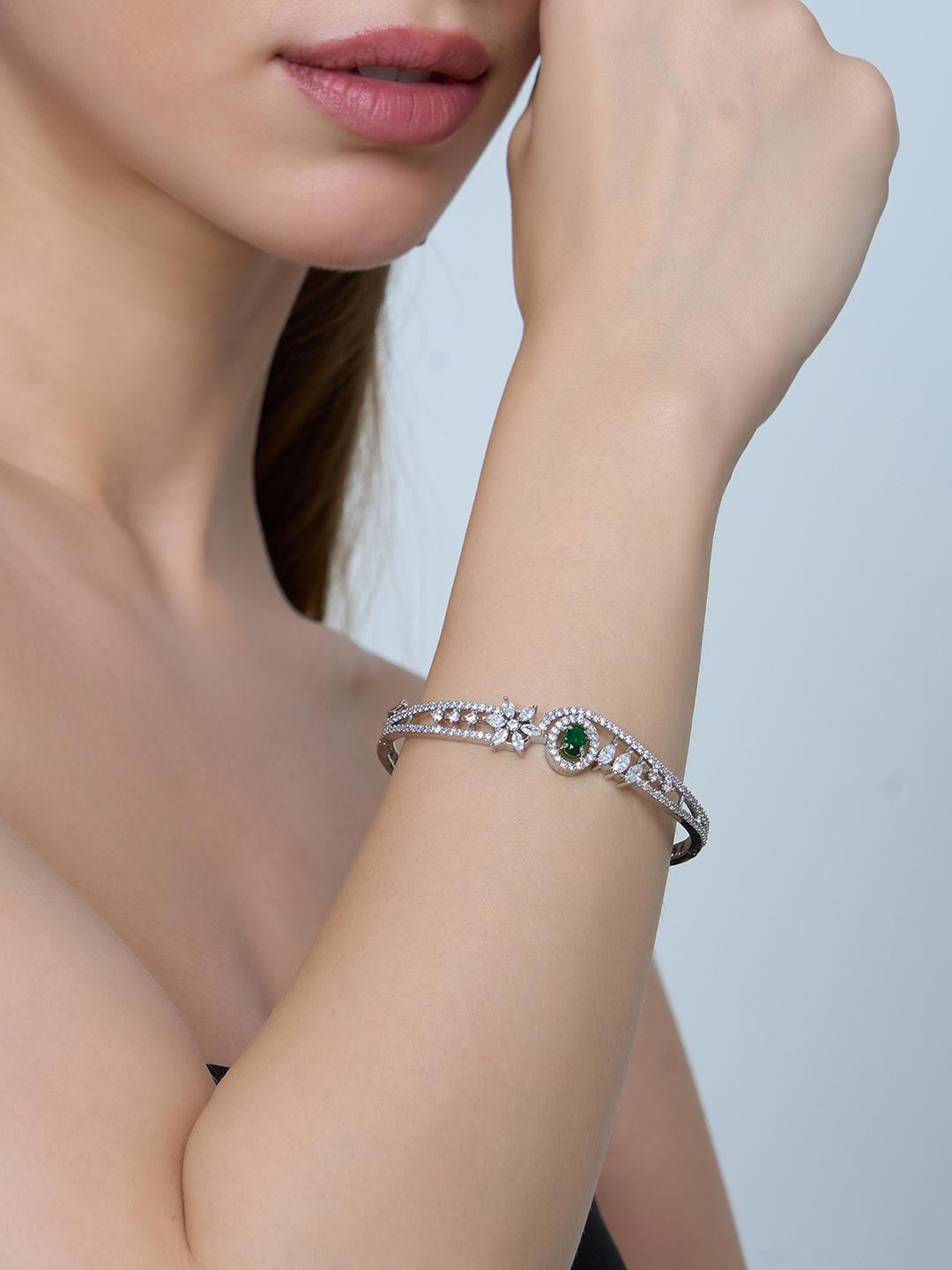 KAYRAH Women Silver-Plated Green stone studed Bracelet