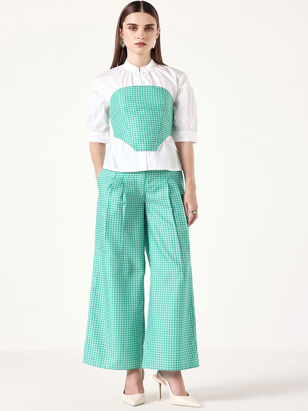 Muvazo Checked Linen Top Corset With Trousers Co-Ords