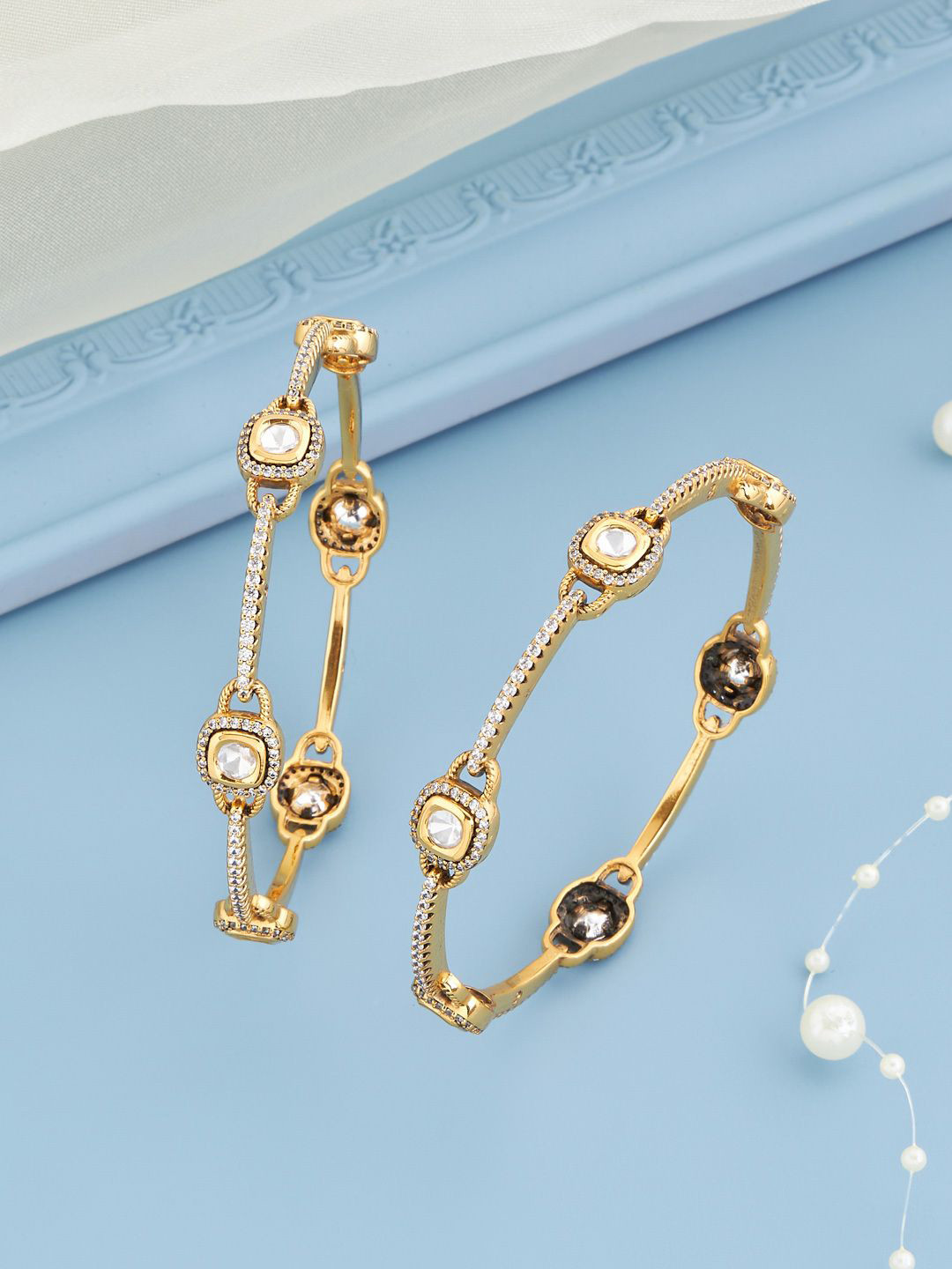 Kushal's Fashion Jewellery Set Of 2 White Victorian-Plated Ethnic Kundan Bangles