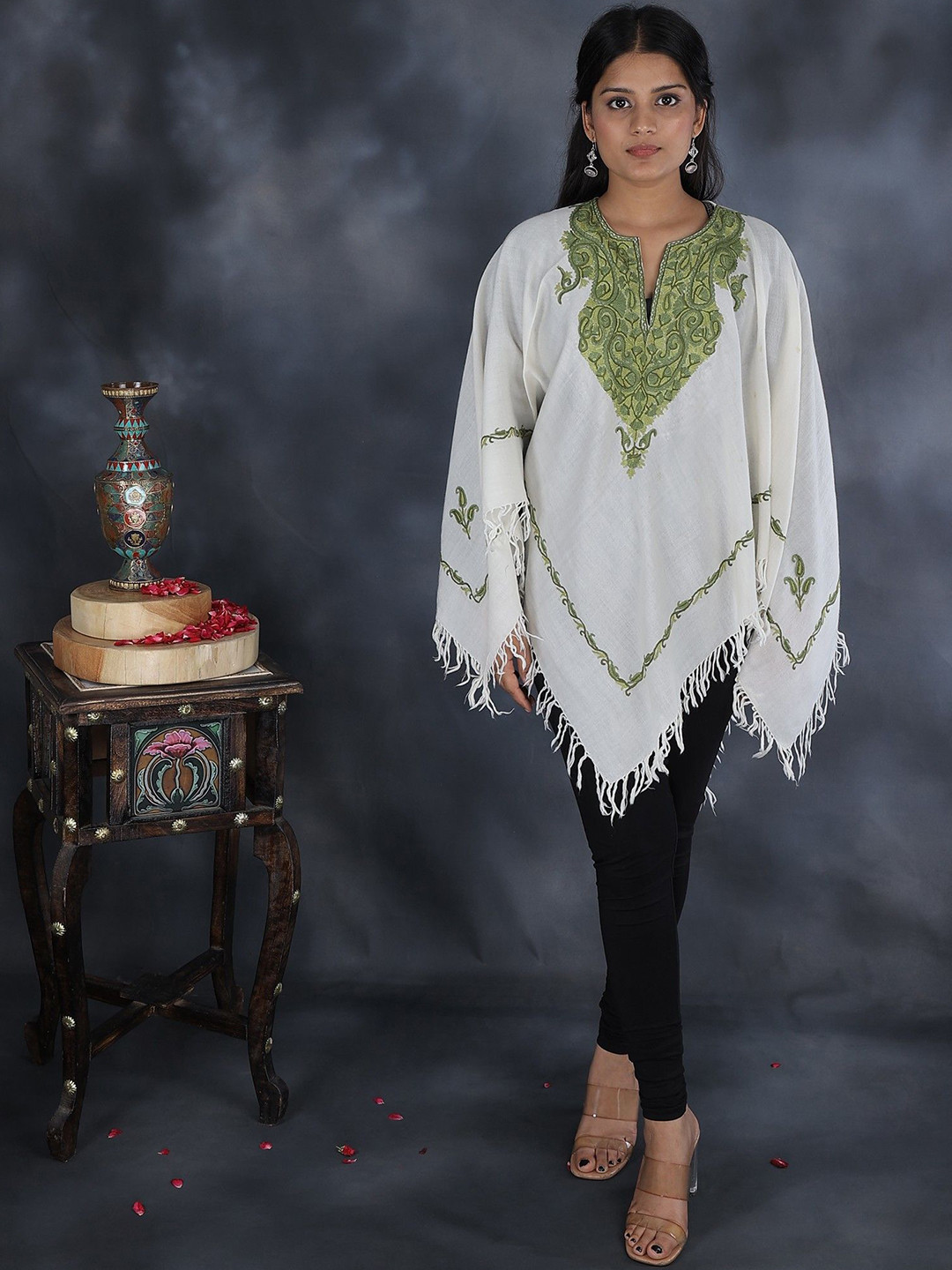 Exotic India Women Aari Hand Embroidered Paisley & Flower Pattern Poncho from Kashmir