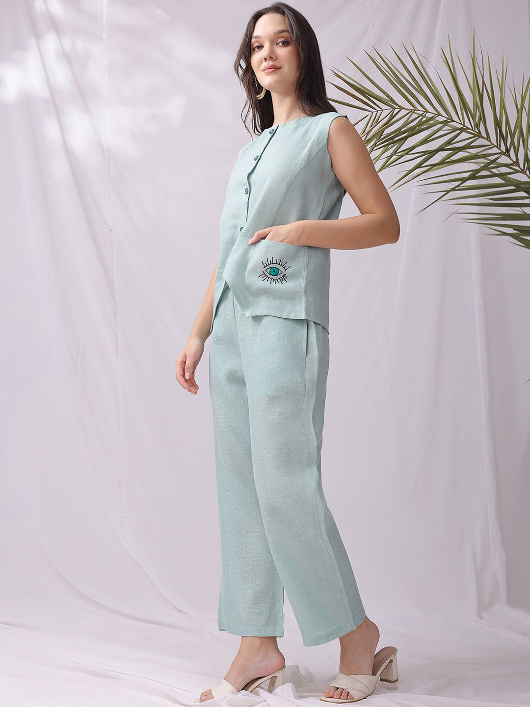 NIKATT Embroidered Boat Neck Coat With Trousers Co-Ords