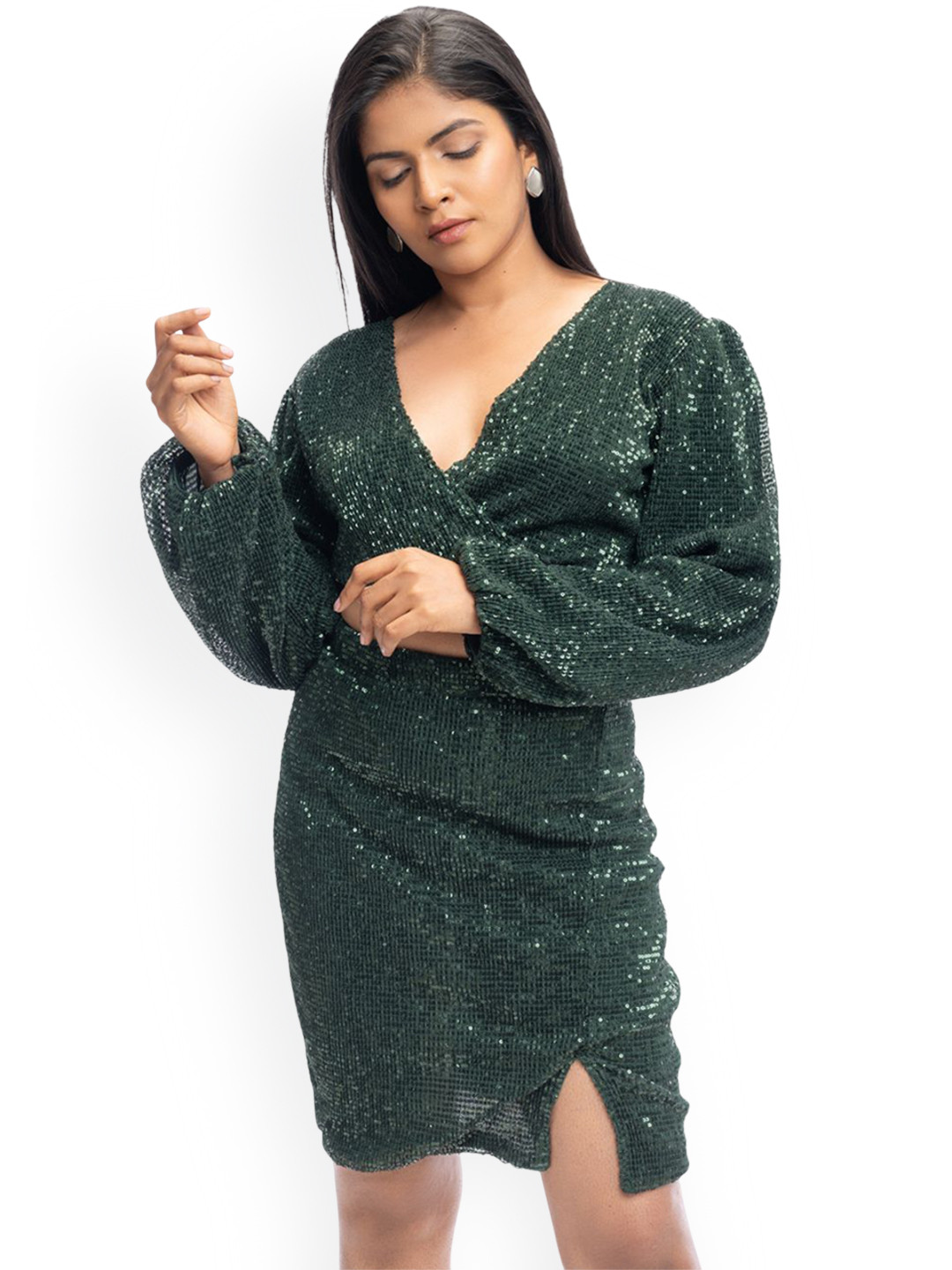 DRESICO Shimmering Sequin Balloon Sleeves V Neck Top With Skirt Co-Ords