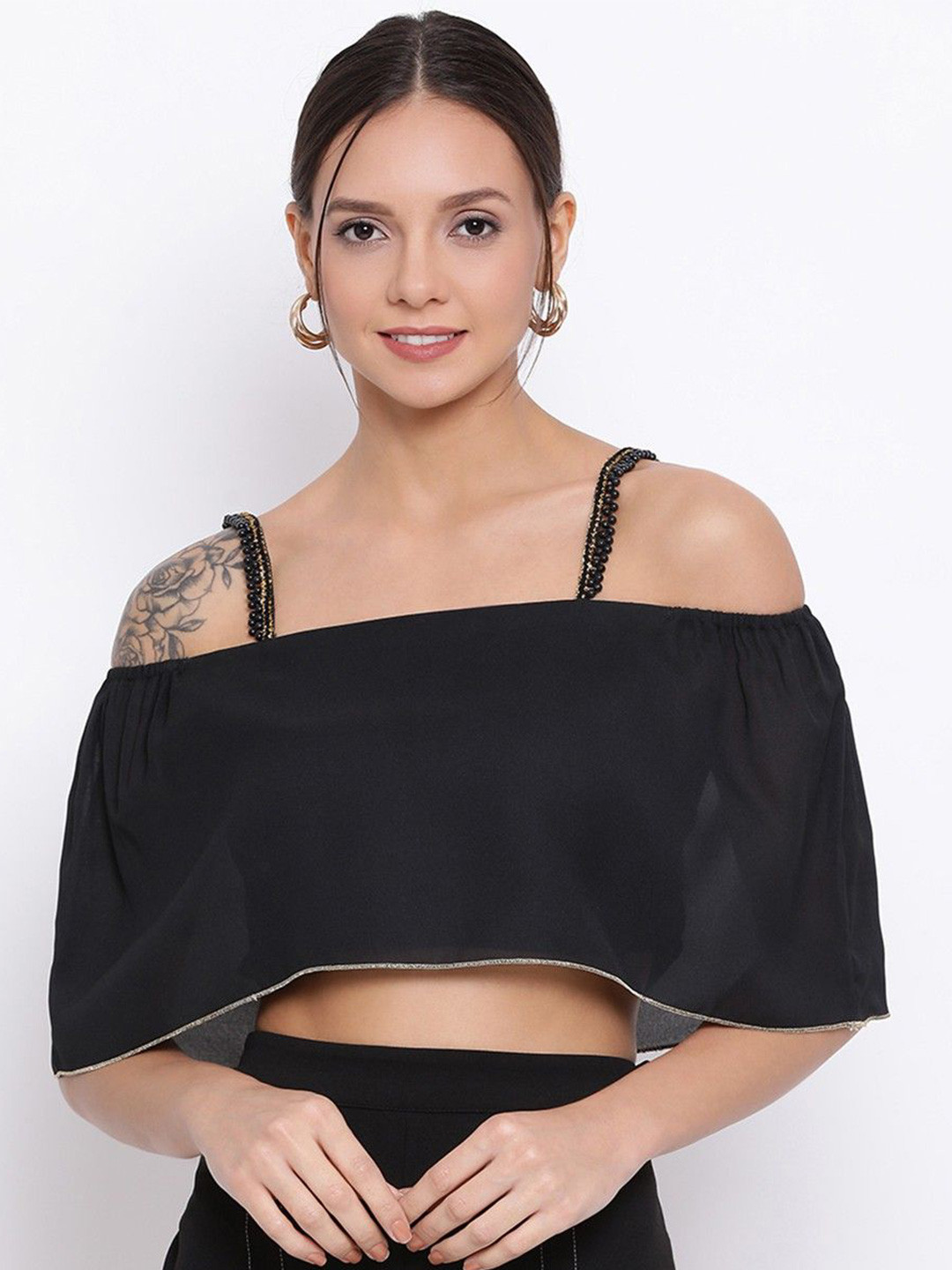 OTIRA Women Solid Cold-Shoulder Party Cape Crop Top