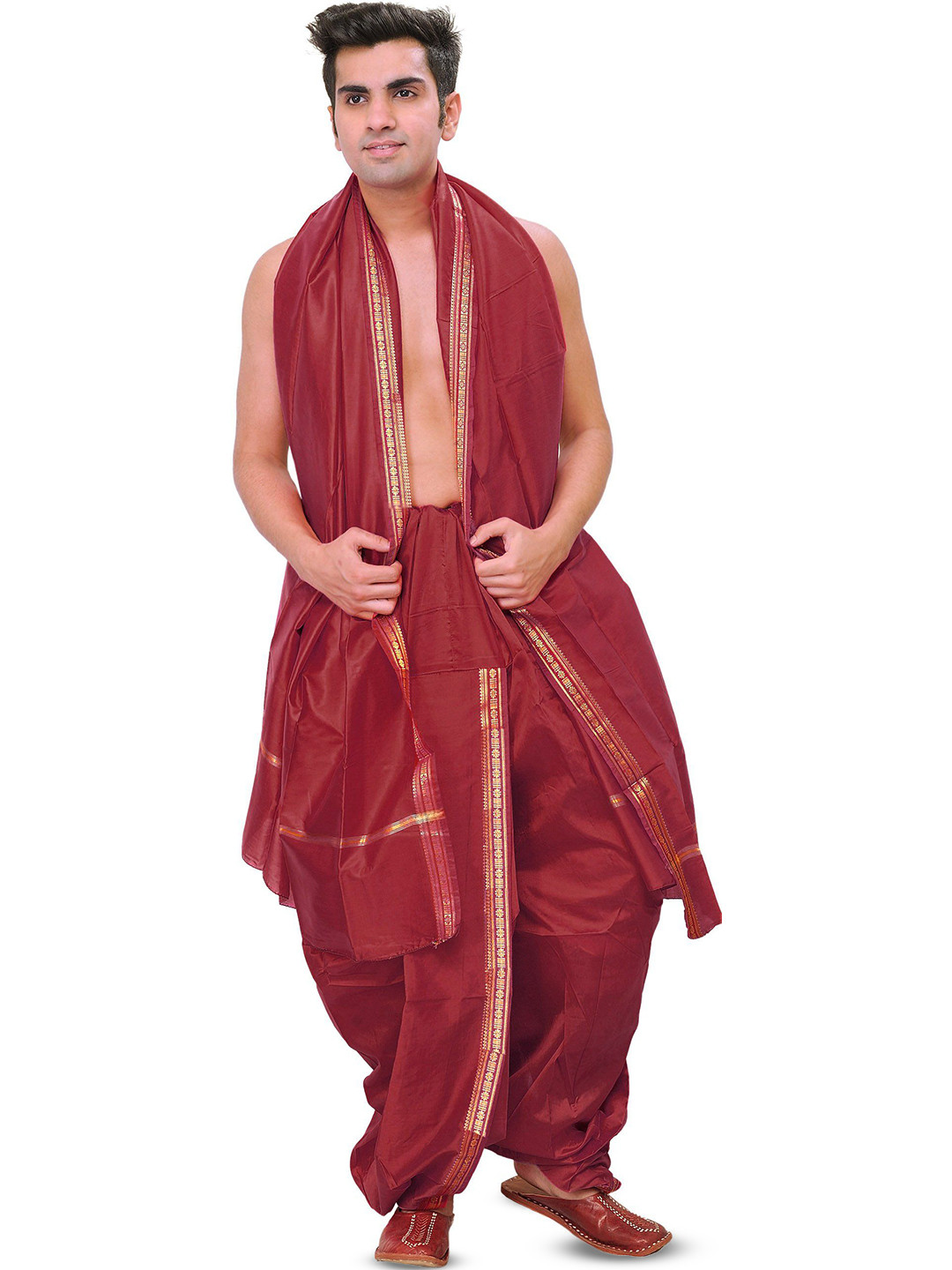Exotic India Woven Golden Border Ready to Wear Dhoti and Angavastram Set