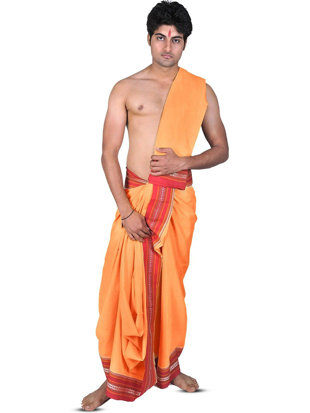Exotic India Men Viscose Dhoti and Veshti Set with Temple Border
