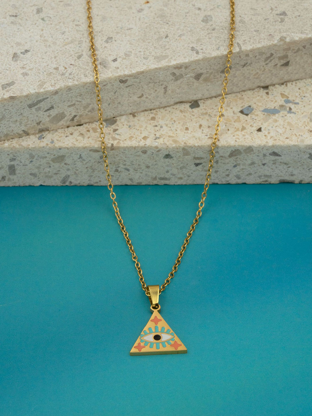 ARTKLIM Gold-Plated Stainless Steel Mystic Evil Eye Triangular Pendant with Chain