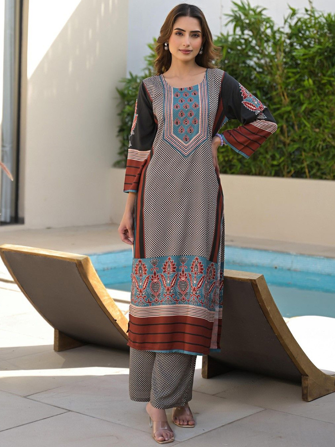 AUTUMN LANE Hardik Ajra Women Geometric Printed Kurta with Trousers