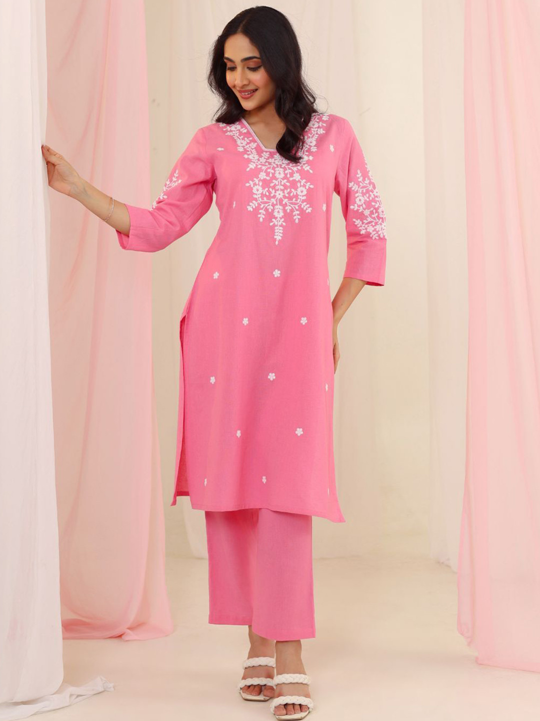 MISRI Women Ethnic Motifs Embroidered Regular Thread Work Pure Cotton Kurta with Trousers