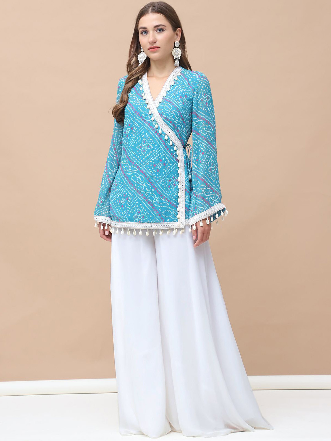 KELIN Bandhani Printed V Neck Angrakha Tunic with Solid Sharara