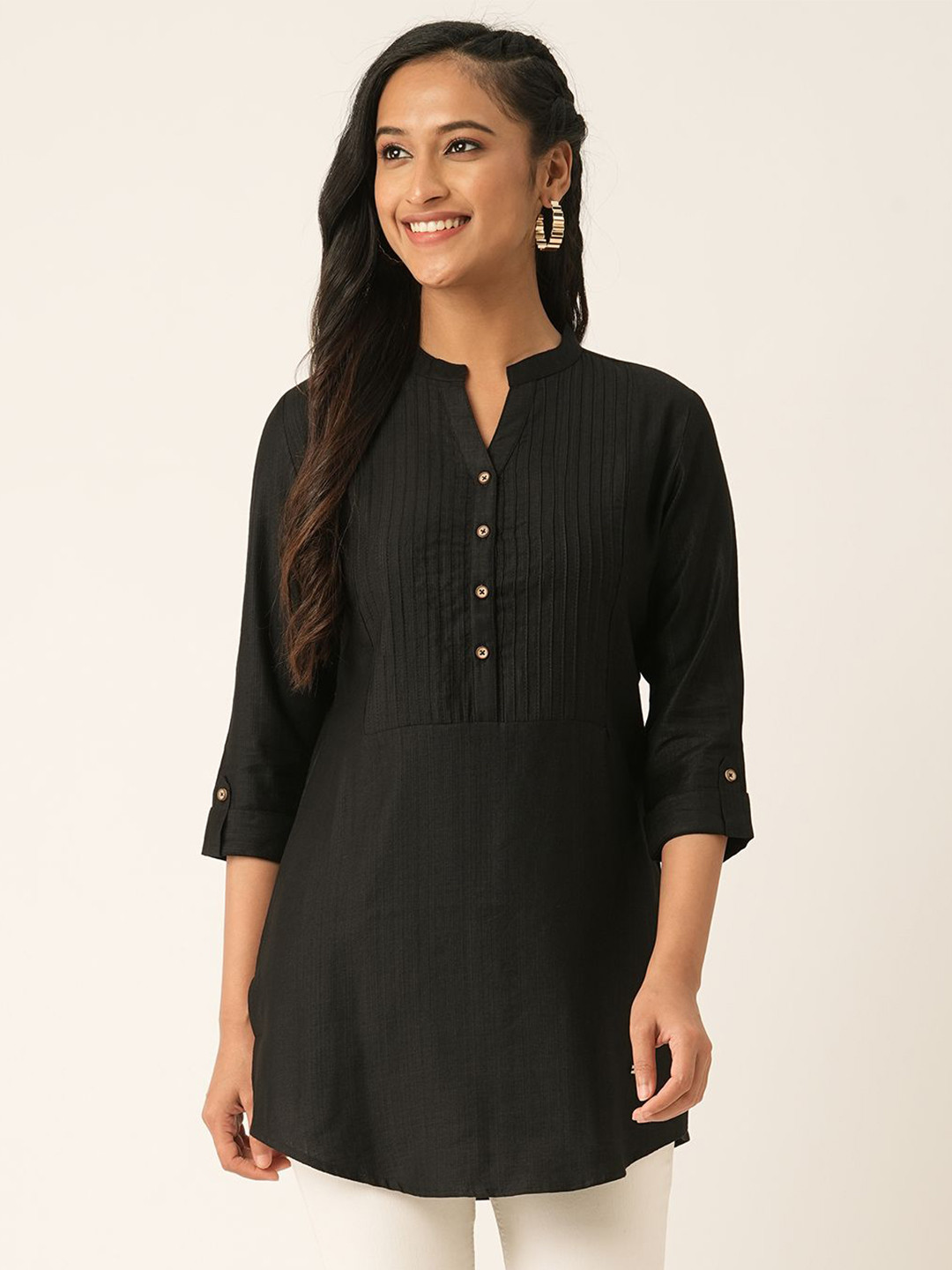 ZOLA Exclusive Mandarin Collar Rayon Solid Black Straight Tunic For Women ZOLA