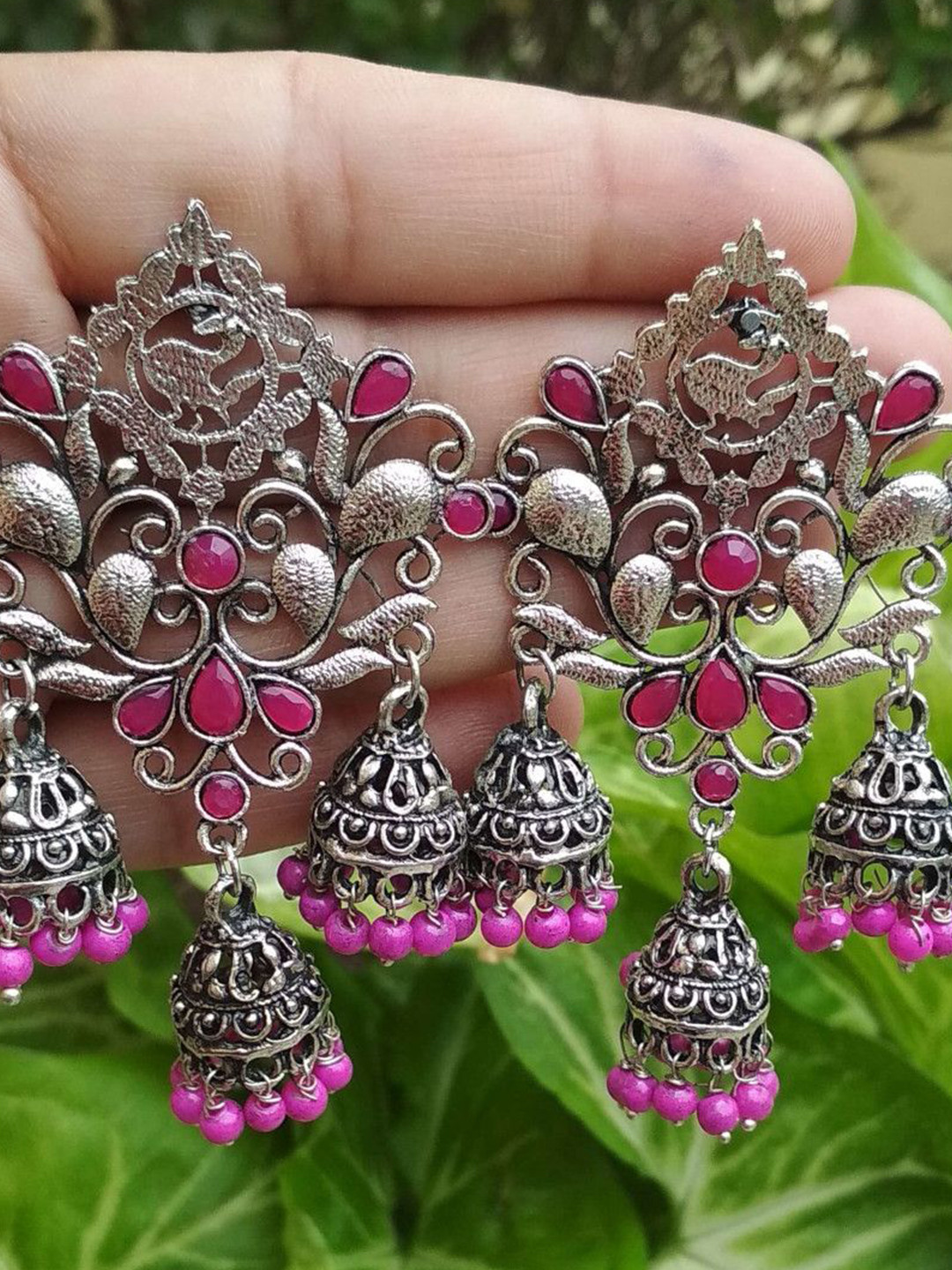 Bevy Pearls Artificial Stones Studded And Beaded Oxidised Contemporary Drop Earrings