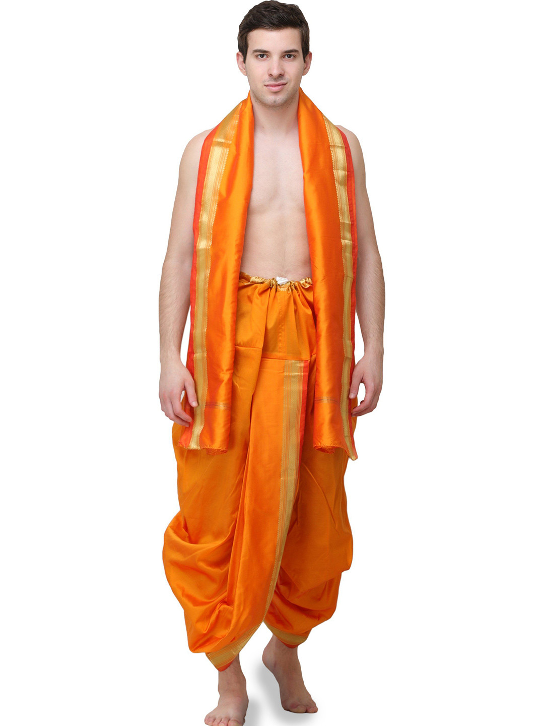 Exotic India  Woven Golden Border Ready to Wear Dhoti and Angavastram Set