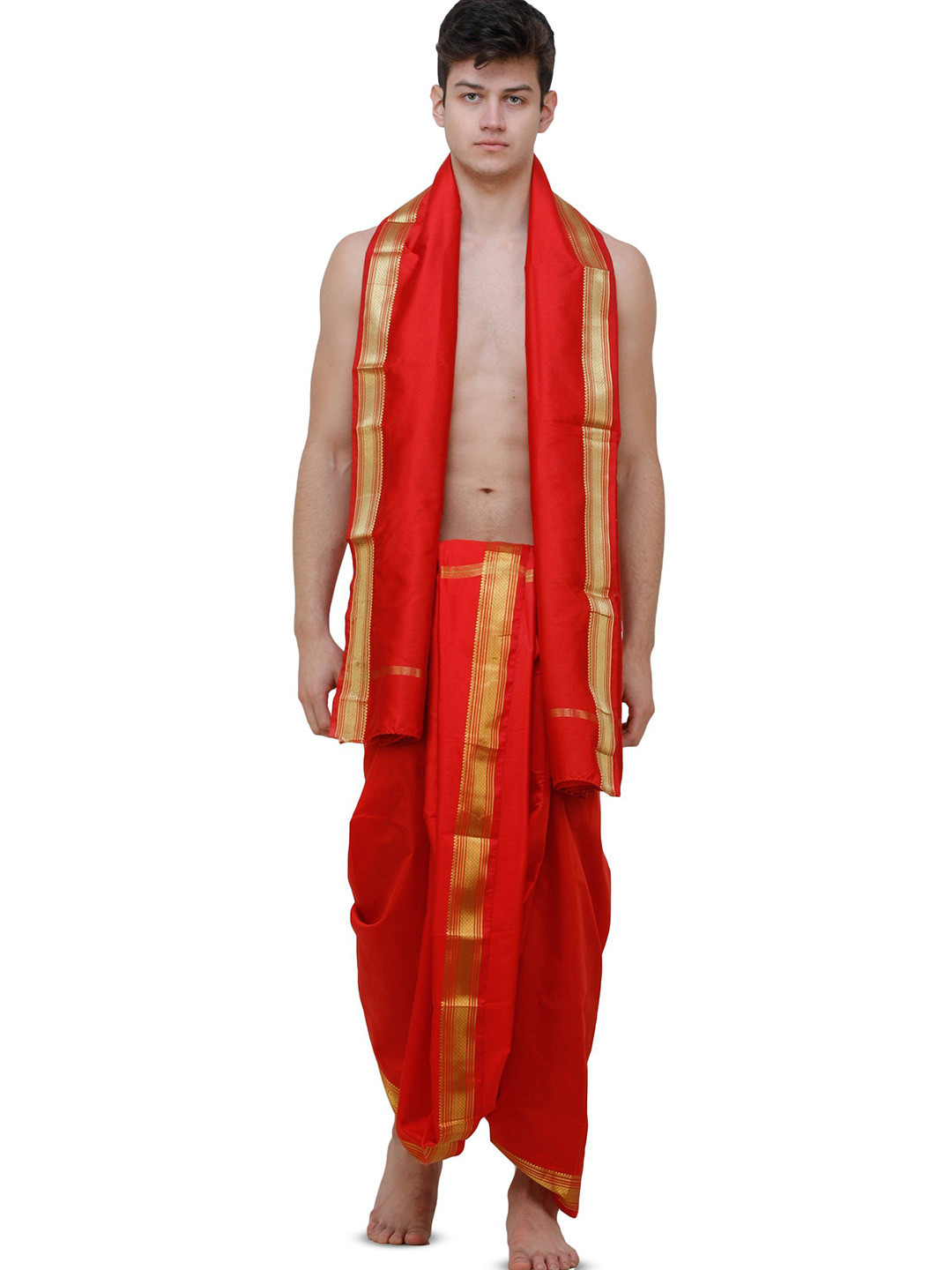 Exotic India Art Silk Dhoti and Angavastram Set with Wide Golden Border Ready to Wear