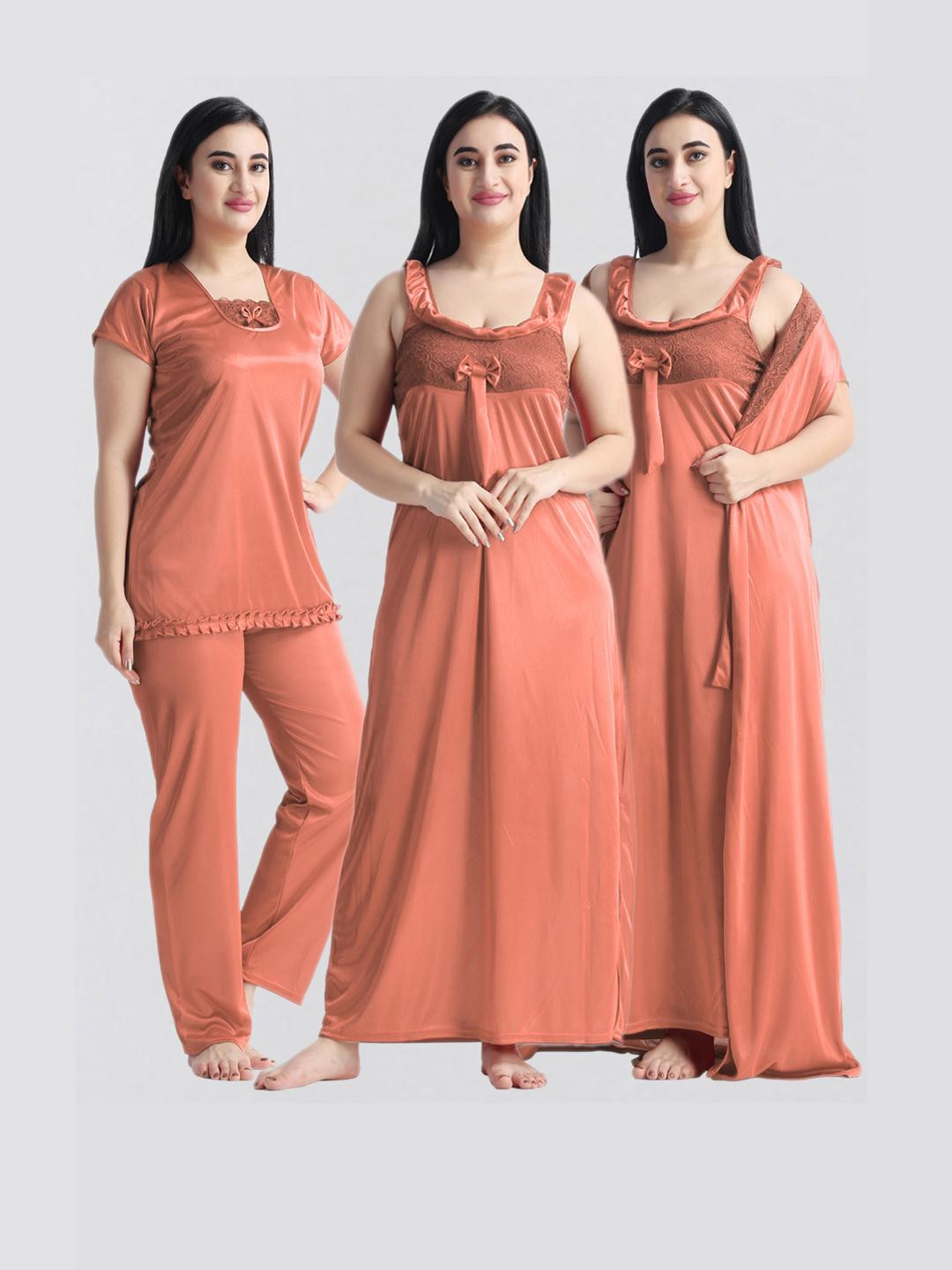 NIGHT KEYS Women Satin Nighty With Robe & Night Suit