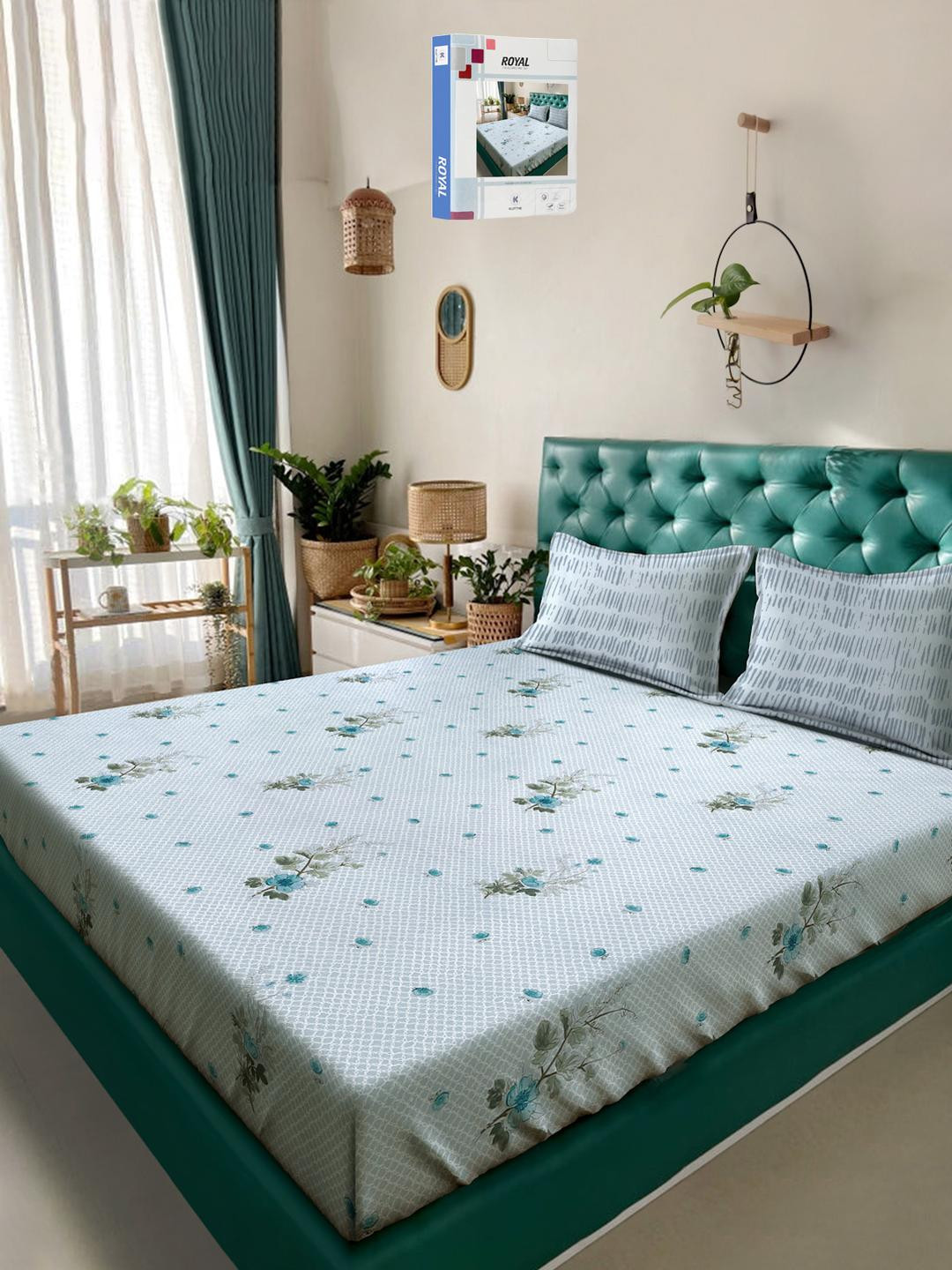 KLOTTHE Grey And Blue Floral Printed Cotton 400 TC Double Bedsheet Set 2.50 m x 2.20 m
