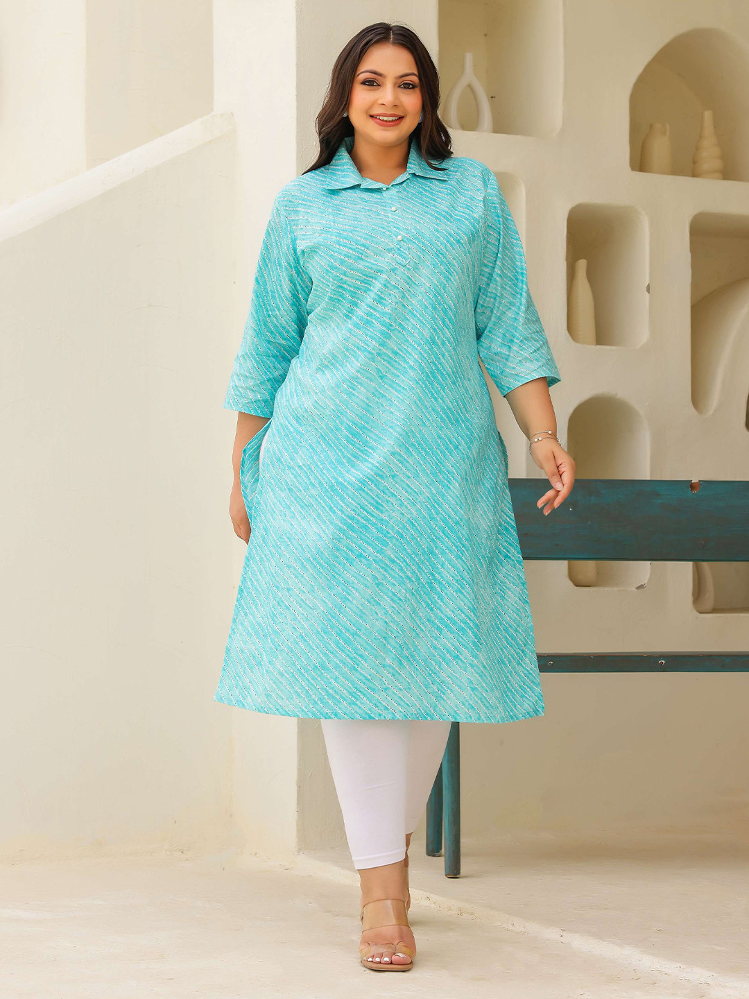 FLAVIA CREATION Women Striped Woven Design A-Line Flared Sleeves Thread Work Kurta