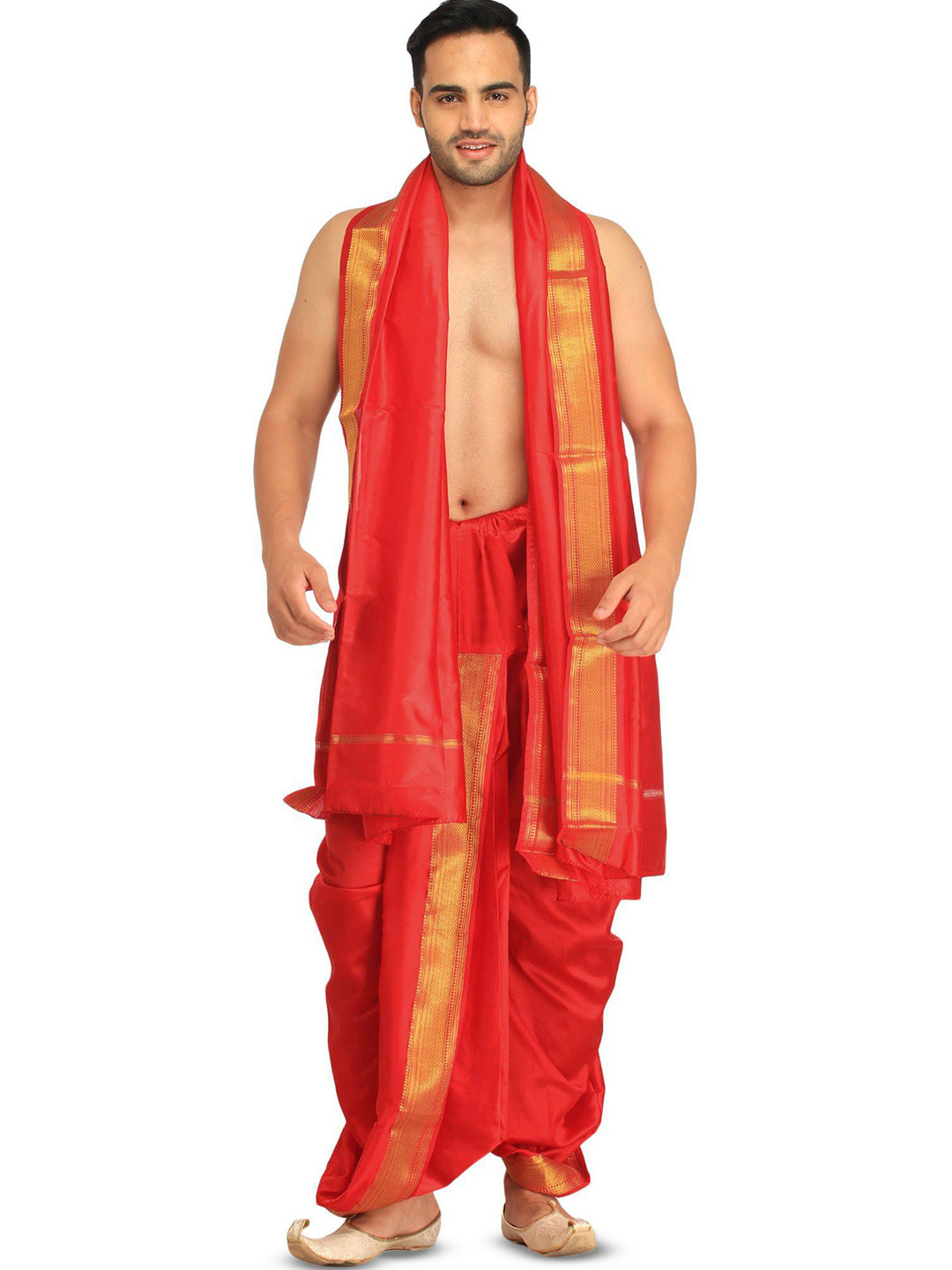 Exotic India Dhoti and Angavastram Set with Wide Golden Border (Ready to Wear)