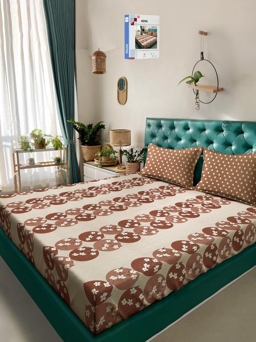 KLOTTHE Brown Floral Printed Cotton 400 TC King Bedsheet Sets 2.5 m x 2.25 m