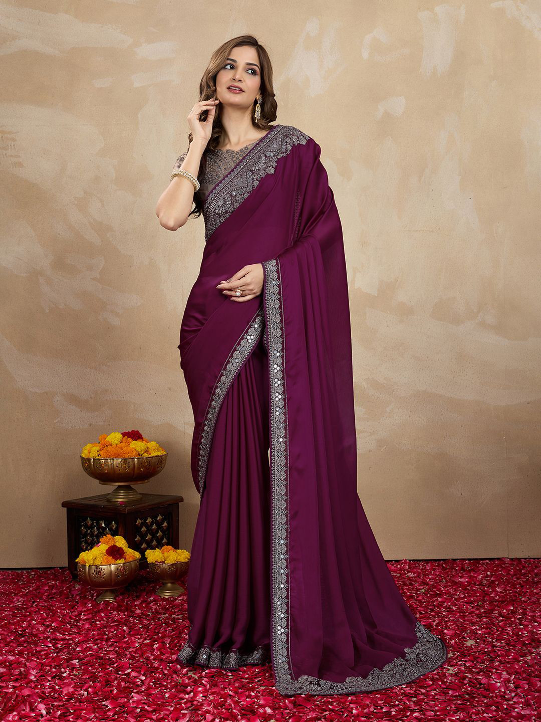 Trendmalls Women Satin Designer Embroidery Sequins Work Saree