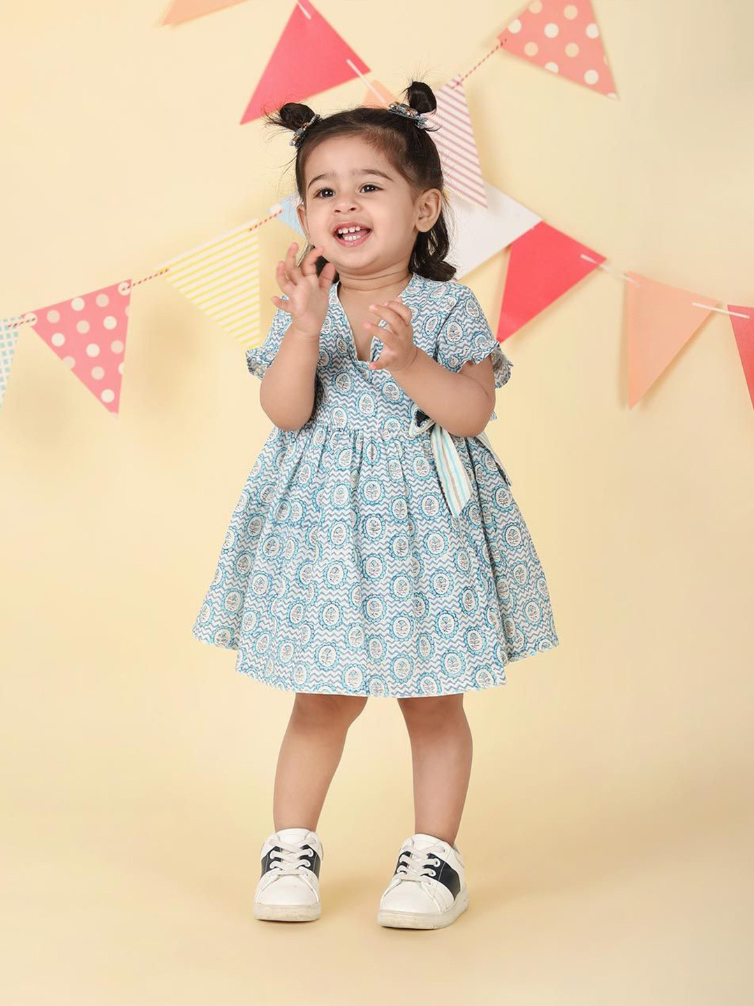 Fabindia Girls Ethnic Hand Block Print V-Neck Wrap Dress