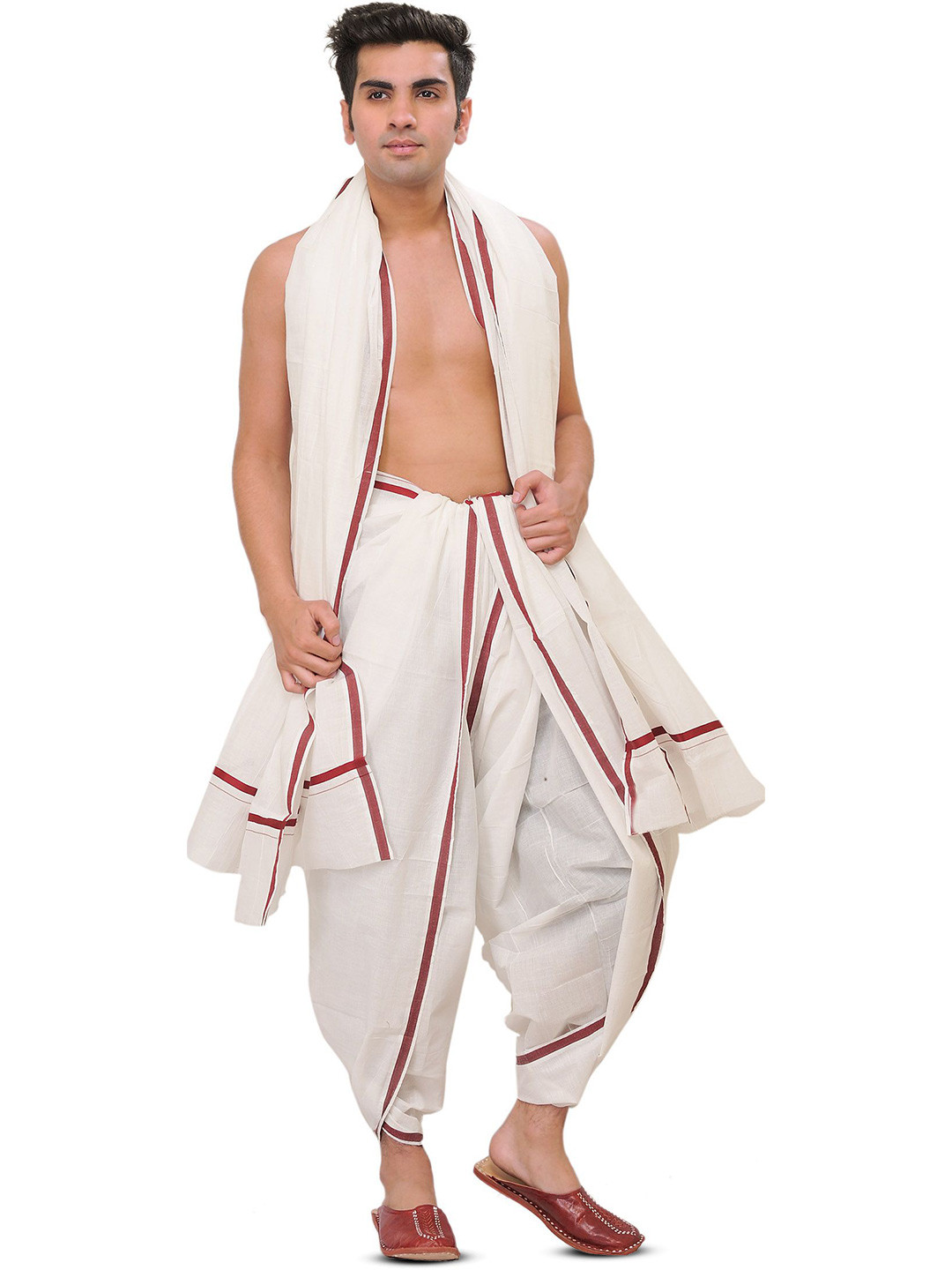Exotic India Pure Cotton Plain Dhoti and Angavastram Set with Striped Border