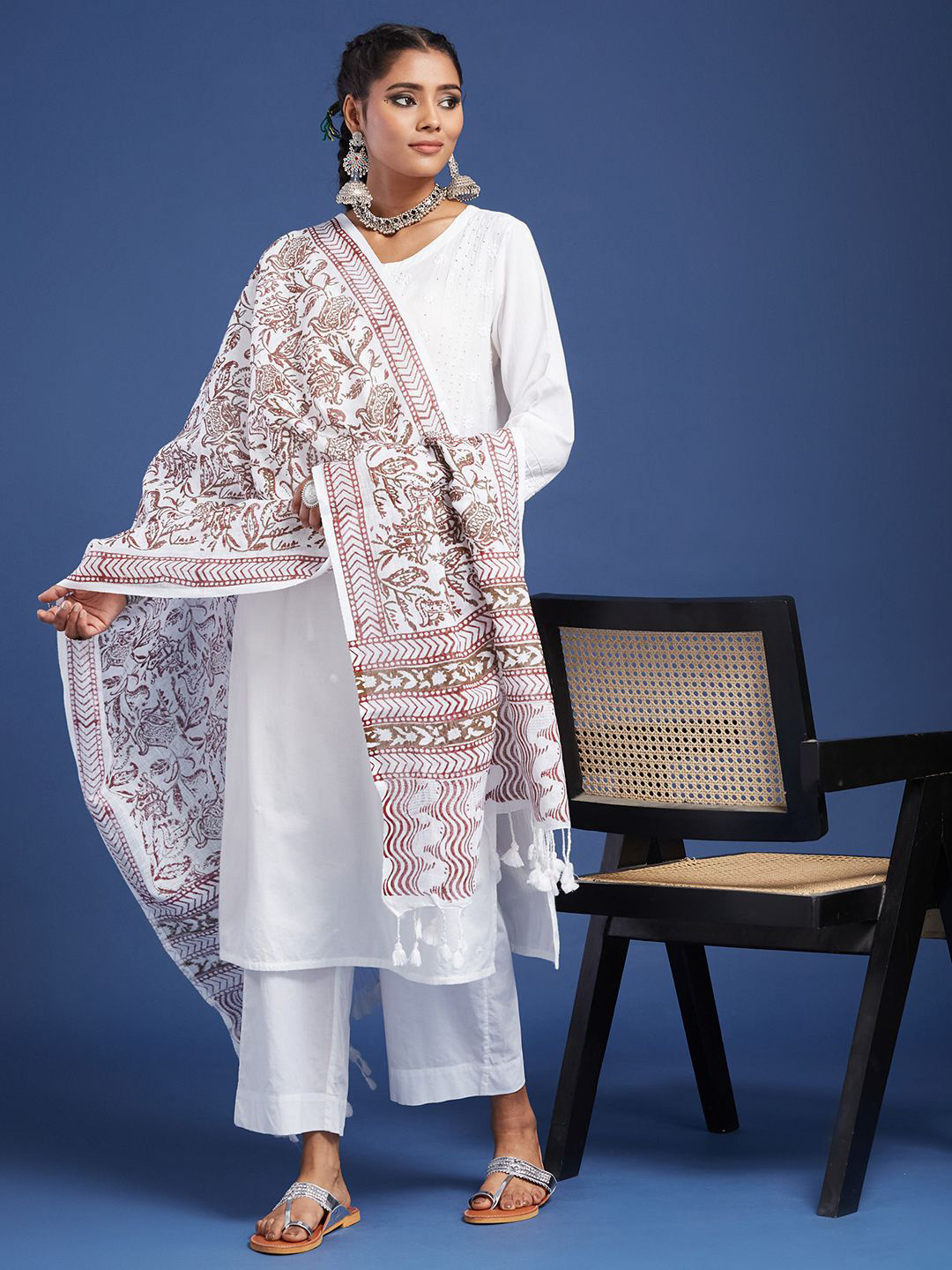 Taavi Woven Block Printed Cotton Linen Dupatta With Pom Pom Edgings