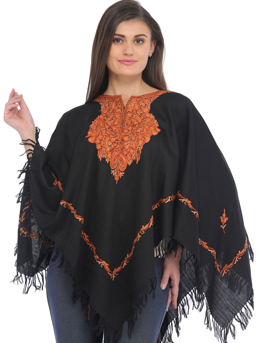 Exotic India Women Poncho from Kashmir with Aari Hand-Embroidered Paisleys on Neck