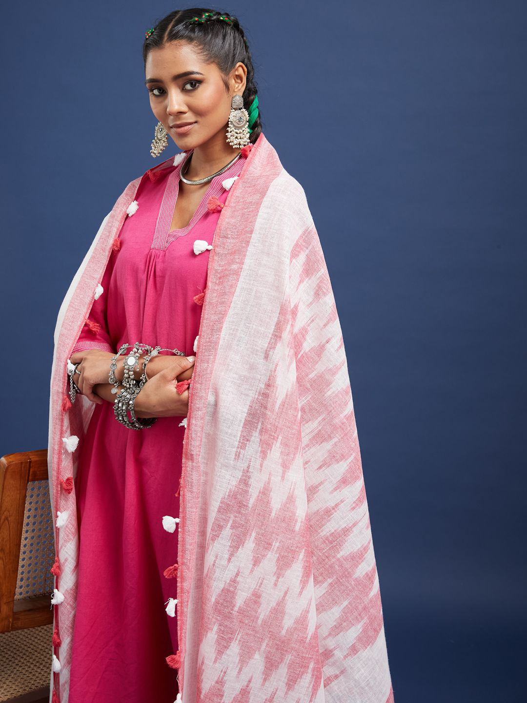 Taavi Ikkat Pom Pom Edgings Dupatta